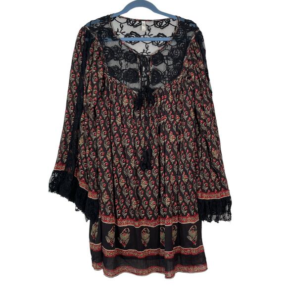 Free People Nomad Printed Formal Chiffon Black Combo Tunic Dress Large - Picture 3 of 11